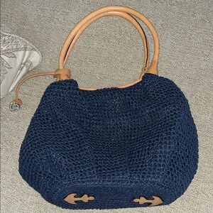 Brighton Vera Mariner Navy Blue Knit Shoulder Bag with Tan Accents
